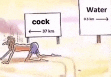 a cartoon of a man crawling next to a sign that says cock