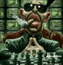 a cartoon of a man smoking a cigar in front of a chess board .