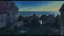 a painting of a small town with a table and chairs in front of a fence overlooking the ocean