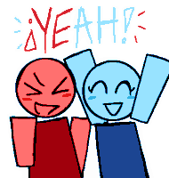 a red and a blue stick figure are standing next to each other with the words yeah written above them