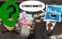 a man with a hasbro logo on his face talks to a man with a question mark on his face
