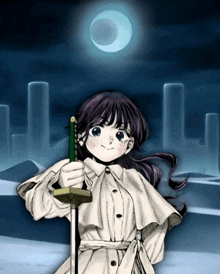 a girl in a white coat holds a sword in front of a full moon