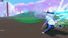 a cartoon character is running on a field in a video game while wearing a mask .