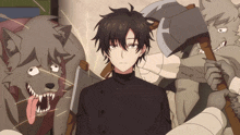 a man is surrounded by a group of monsters including a dog with its tongue out