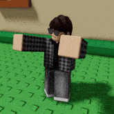 a cartoon character wearing sunglasses and a plaid shirt stands on a green tile floor