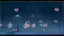 a group of babies are sitting on a bench with balloons in the background