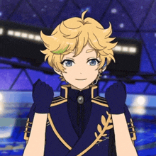 a cartoon character with yellow hair and blue eyes is wearing a blue and gold uniform