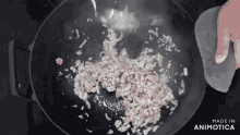 a person is cooking food in a pan that says made in animatica on the bottom
