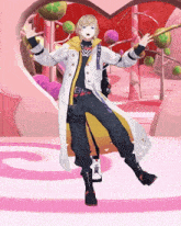 a cartoon character is dancing in front of a heart