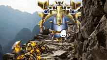 a stick figure is standing in front of a large robot with a cross on it