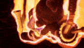 a cartoon character is surrounded by flames and smoke in a dark room .