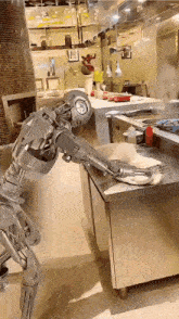 a robot is cleaning a counter in a restaurant