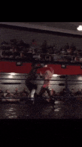 a wrestling match is going on in a ring with a crowd in the stands