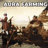 a painting of a group of people in a boat with aura farming written above them