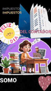 a cartoon of a woman sitting at a desk in front of a computer with the words " feliz dia del contador "