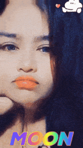 a woman 's face is shown with the word moon on the bottom