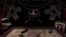 a dark room with a skull on the wall and a few objects on the floor
