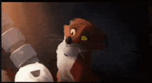 a cartoon fox with a yellow eye is looking at something in the dark