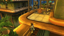 a cartoon character is standing on a staircase in front of a building with a target in the background