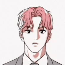 a man with pink hair and a suit and tie is making a surprised face .