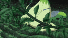 a cartoon character is sitting on a tree branch in a forest .