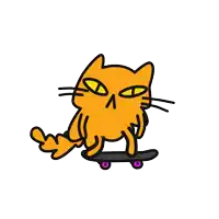 a cartoon cat is sitting on a black skateboard