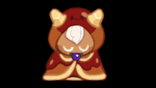 a cookie with a purple berry in its mouth is wearing a cape and a hood .