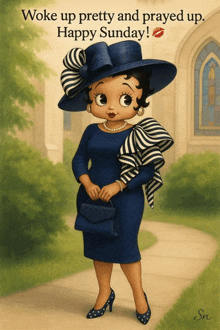 a cartoon of betty boop wearing a blue dress and hat says happy sunday
