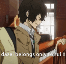 a picture of a man with the words dazai belongs only to rui on it