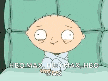 a cartoon character is sitting on a couch and says hbo max