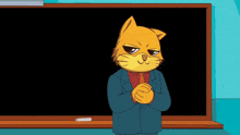 a cartoon cat in front of a blackboard