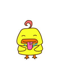 a cartoon duck with its tongue hanging out and a speech bubble saying yum