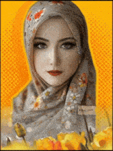 a woman wearing a scarf with flowers on it is surrounded by flowers