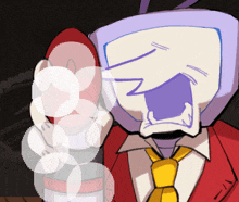 a cartoon drawing of a man with a tv head and a yellow tie