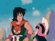 a cartoon character from dragon ball z is standing next to a woman in a pink helmet .