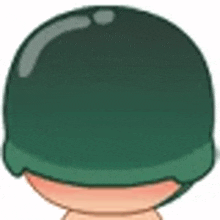 a cartoon soldier wearing a green helmet with a strap around his neck .