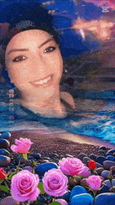 a woman 's face is surrounded by pink roses and rocks and the time is 20:38