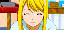 a girl with blonde hair is smiling with her eyes closed in a pixel art .