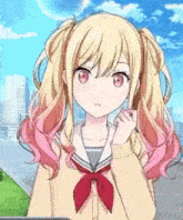 a girl with blonde and pink hair is wearing a school uniform with a red bow .