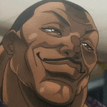 a close up of a cartoon man 's face with a mustache smiling .