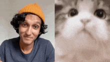 a man wearing a yellow beanie next to a close up of a cat .