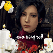 a woman is surrounded by candles and flowers with the words ada wong reg written on the bottom