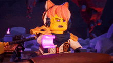 a lego character with pink hair and headphones holds a purple object