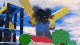 a cartoon character is standing in front of a building and a house