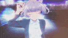 a girl with purple hair is standing in front of a fence with the word sama written on the bottom