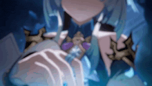 a close up of a person holding a purple object in their hands .