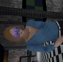 a woman wearing glasses and a blue shirt is laying on a checkered floor