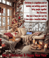 a merry christmas and happy new year card with a cat on the couch