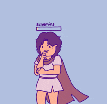 a cartoon drawing of a woman with the word scheming above her