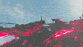 a video game scene with a tower in the background and red flames in the foreground .